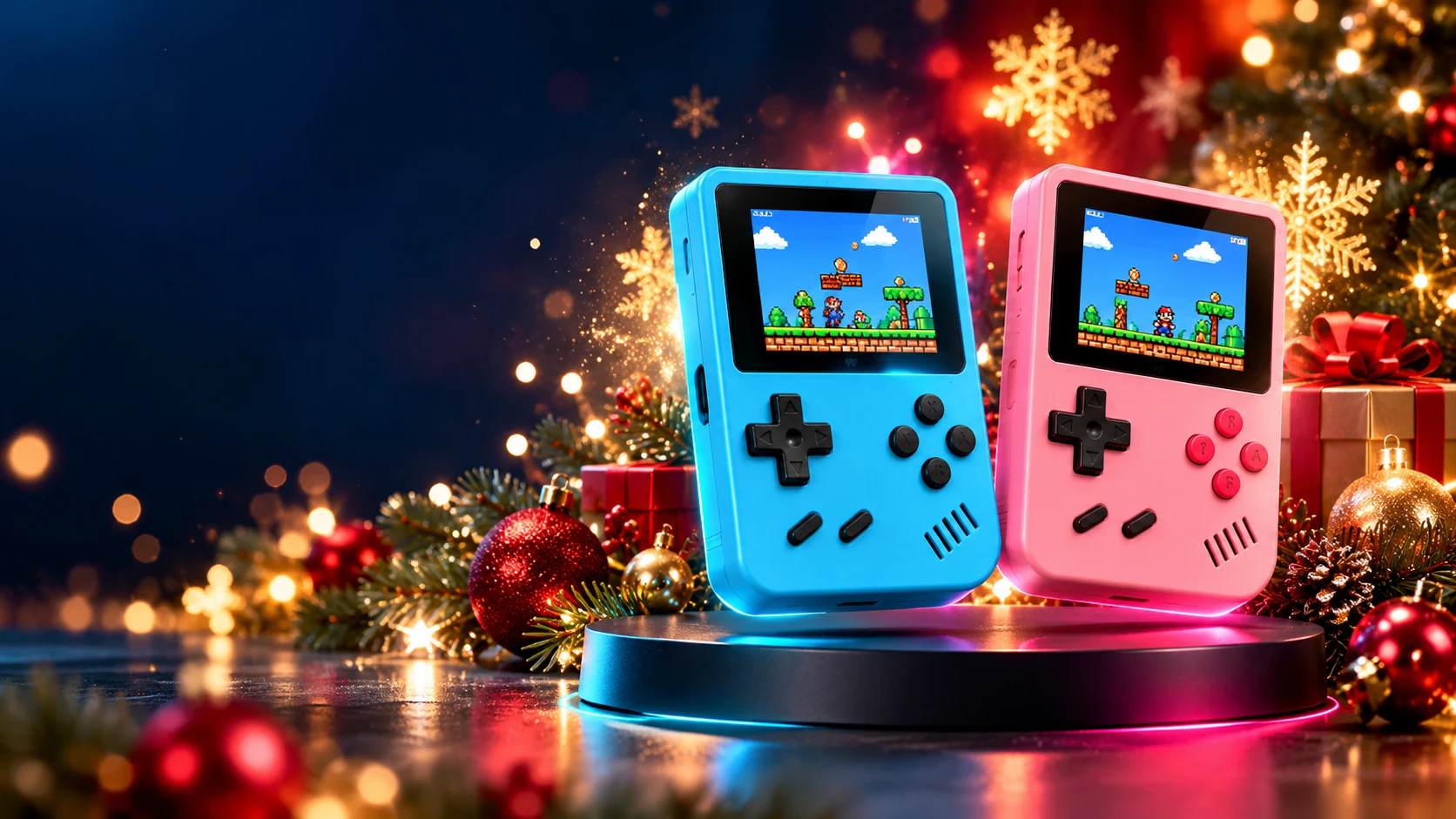Visuel d’illustration des mini-consoles rétro bleue et rose