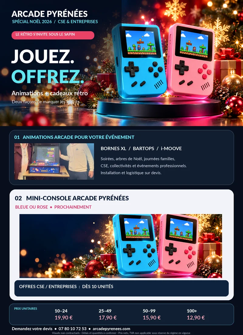 Aperçu de la plaquette Noël 2026 Arcade Pyrénées avec consoles bleue et rose